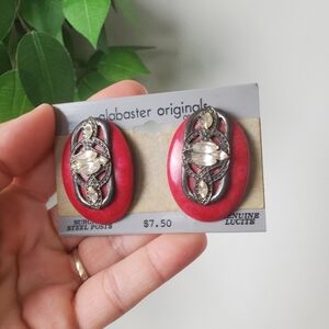 Vintage Alabaster Originals Red Genuine Lucite Earrings Surgical Steel Posts